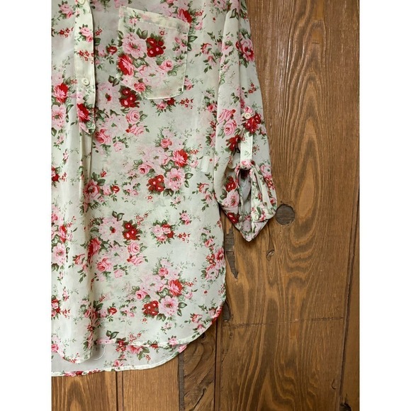 Akira Chicago Red Label Floral Sheer Popover Blouse with Roll Sleeves - Picture 7 of 10